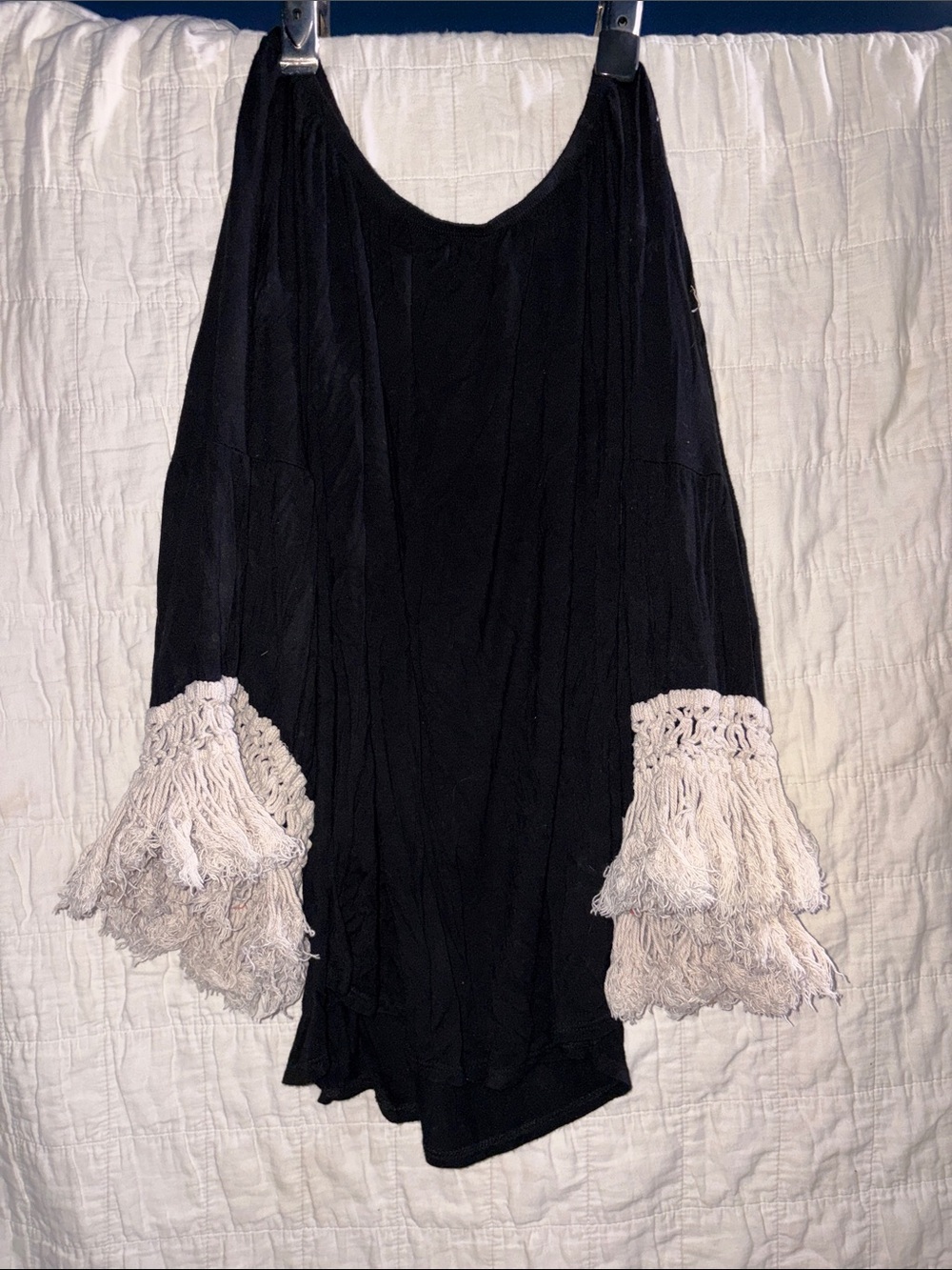 Black Tunic Top with Cream Crochet Fringe Sleeves